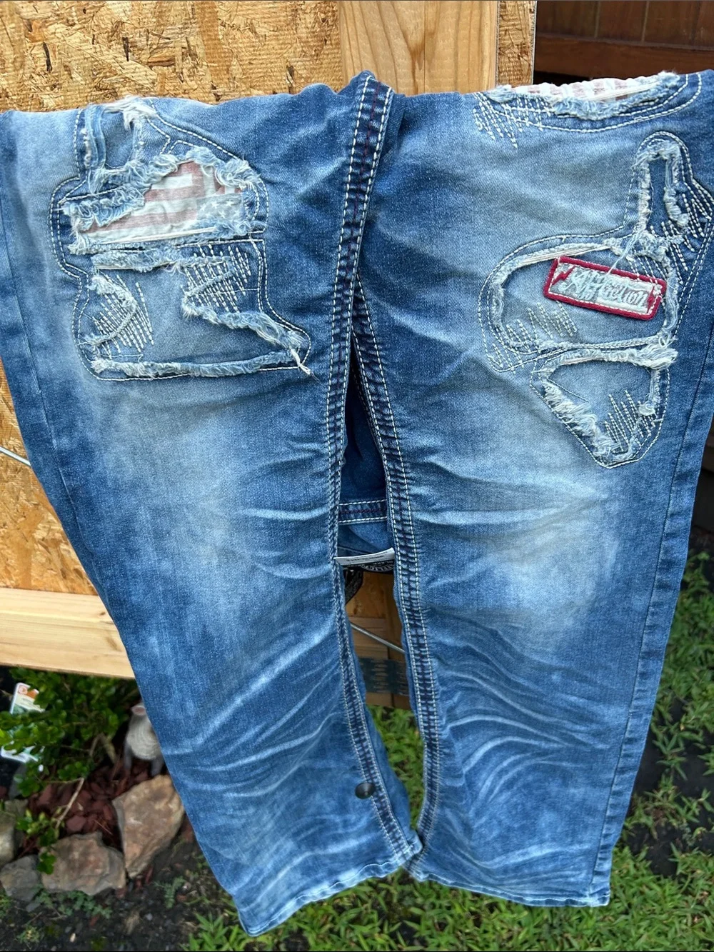 Affliction Blue Slim Straight Jeans with Embroidered Pocket Accents